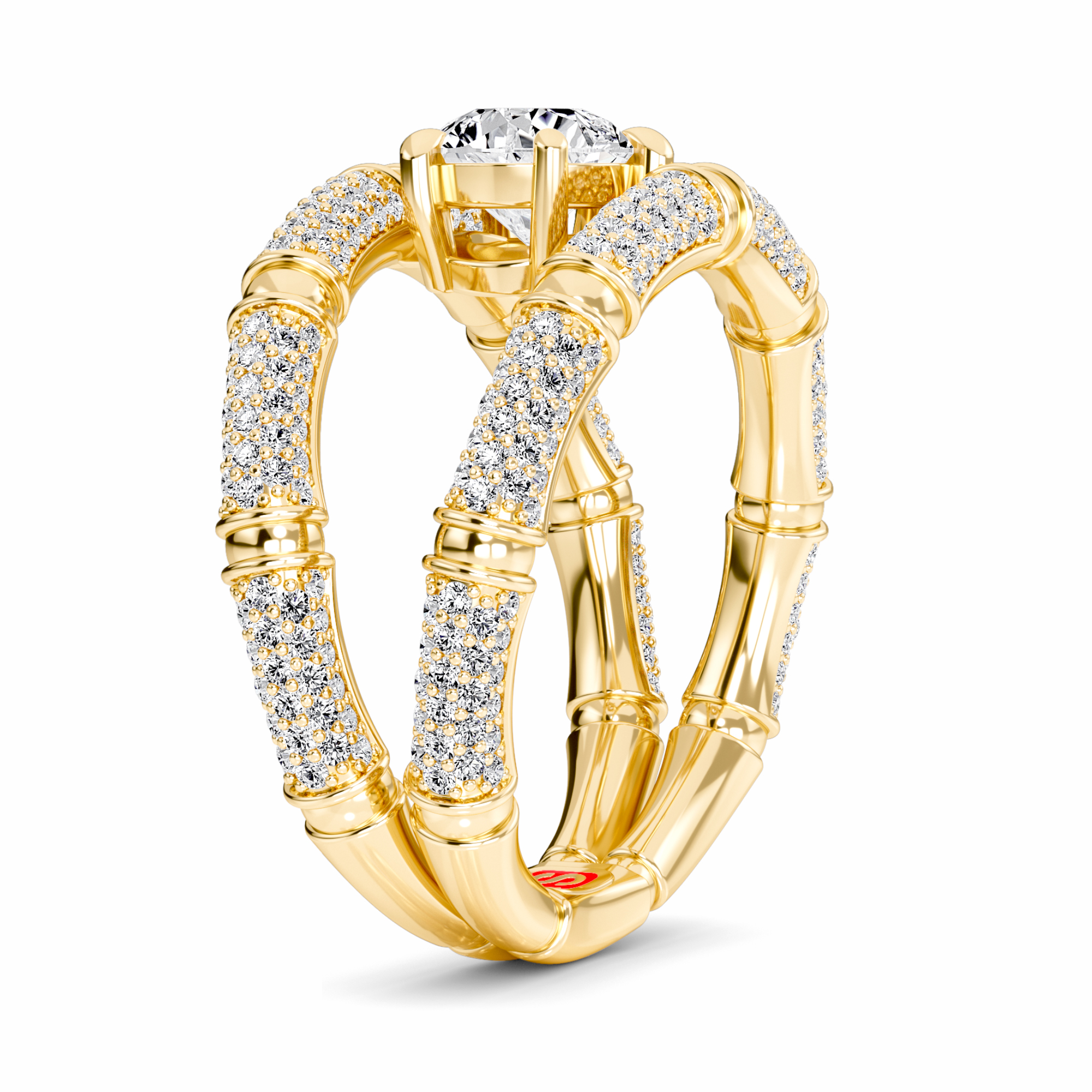 White Diamond Accented Bamboo Inspired Engagement Ring - Colette
