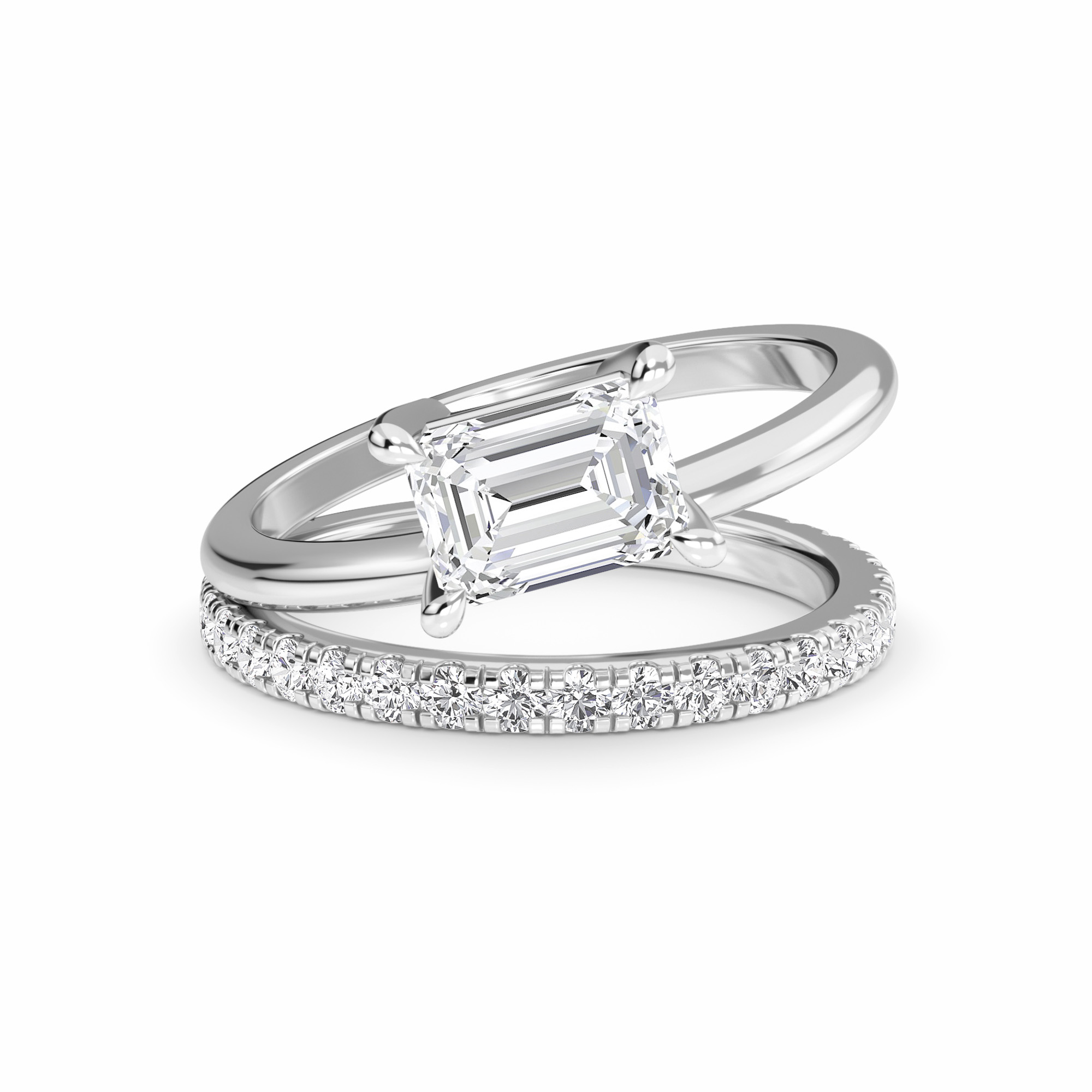 White Diamond Bridal Set with Pave Band Solitaire Engagement Ring - Hehua