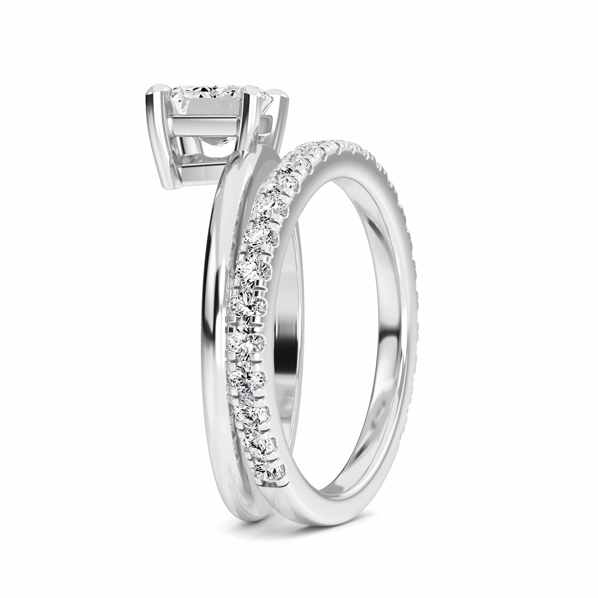 White Diamond Bridal Set with Pave Band Solitaire Engagement Ring - Hehua