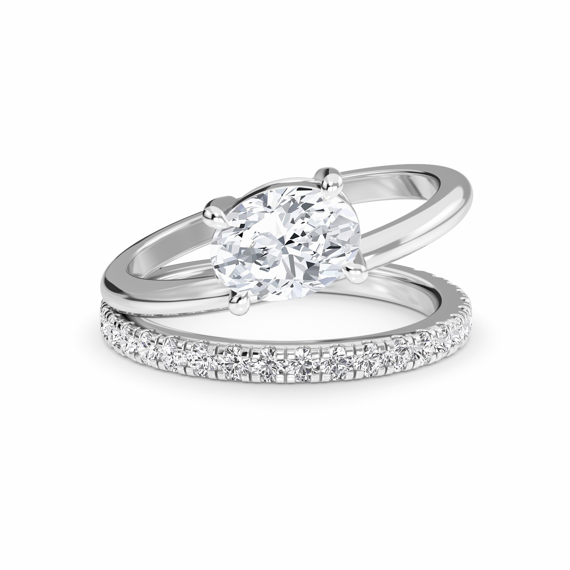 White Diamond Bridal Set with Pave Band Solitaire Engagement Ring - Hehua