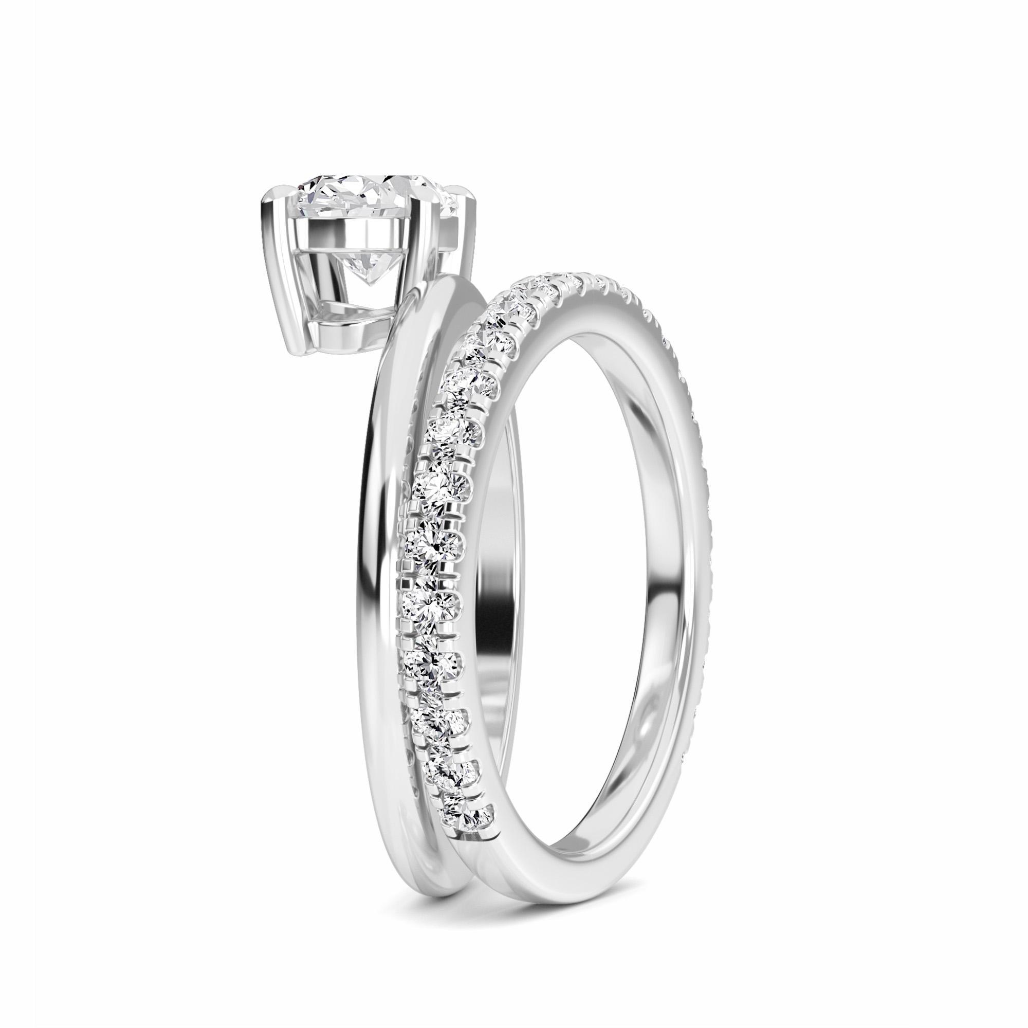 White Diamond Bridal Set with Pave Band Solitaire Engagement Ring - Hehua