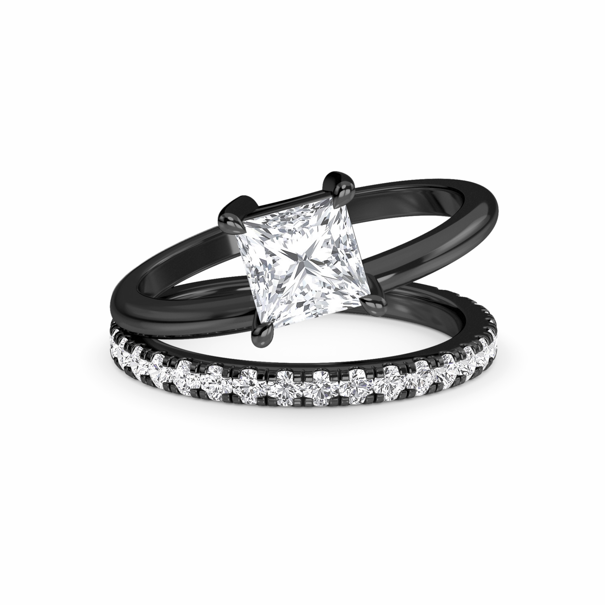 White Diamond Bridal Set with Pave Band Solitaire Engagement Ring - Hehua