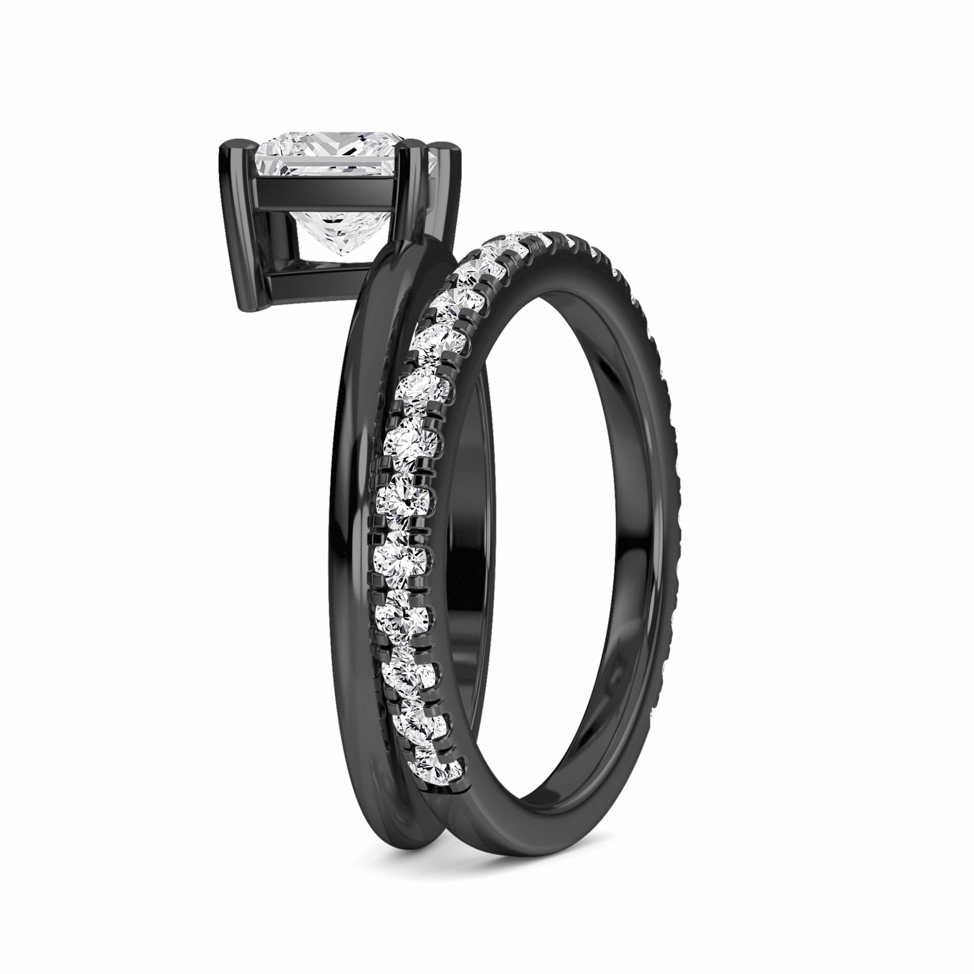 White Diamond Bridal Set with Pave Band Solitaire Engagement Ring - Hehua