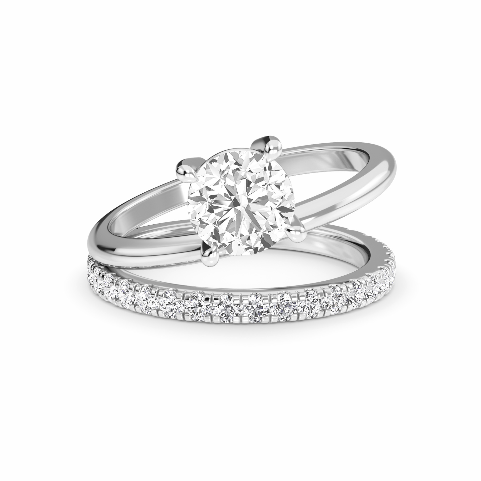 White Diamond Bridal Set with Pave Band Solitaire Engagement Ring - Hehua