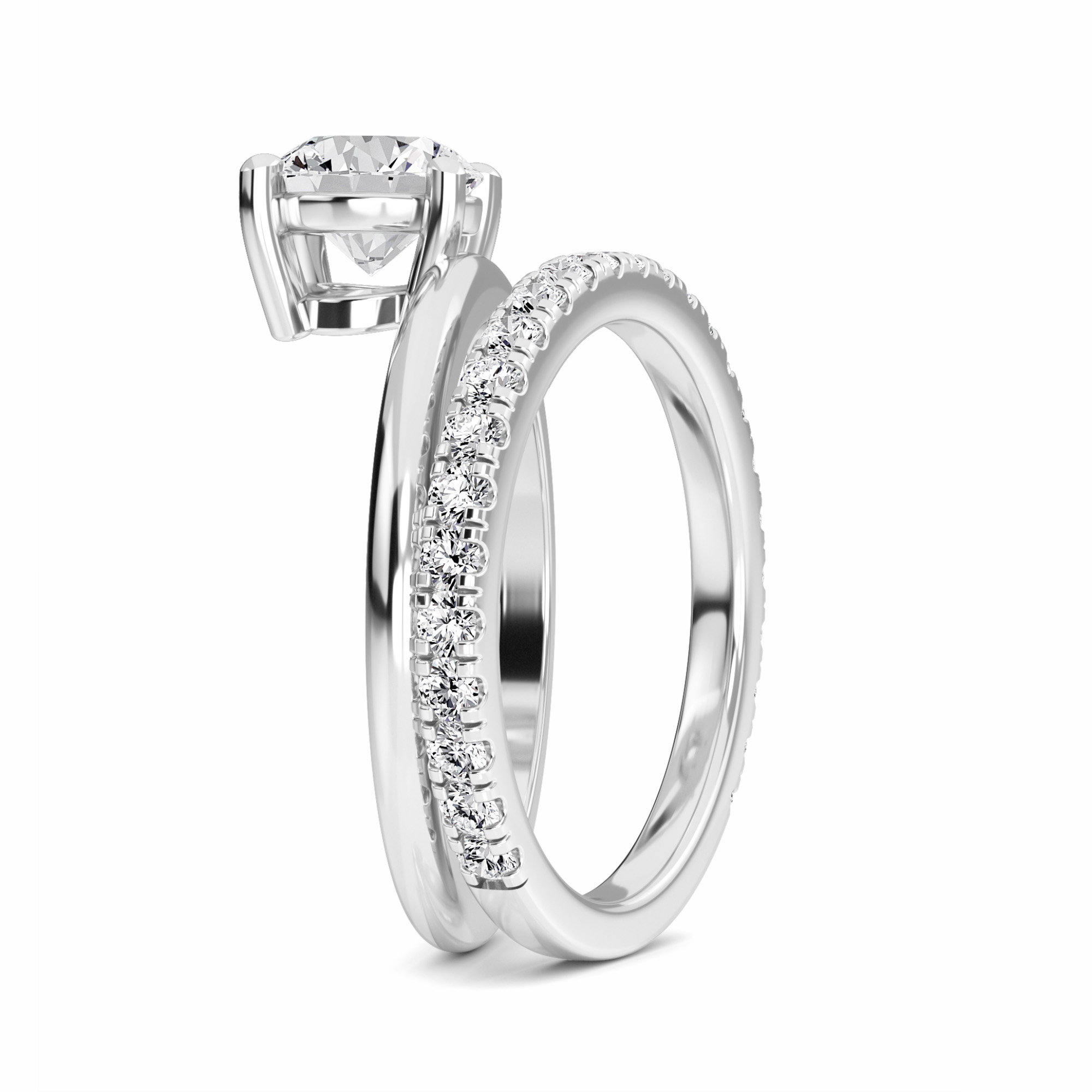 White Diamond Bridal Set with Pave Band Solitaire Engagement Ring - Hehua